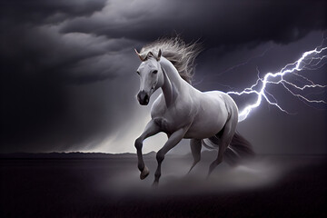Naklejka na ściany i meble A white horse runs through dark storm clouds among lightning. Generate Ai