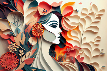 Paper art , Abstract Woman with flowers composition. Generate Ai