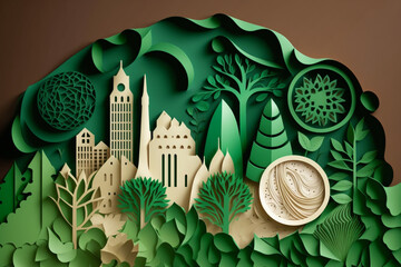 Paper art style , Paper cut of eco city design Green energy concept and environment conservation. Generate Ai