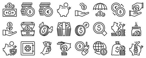 Line icons about money on transparent background with editable stroke.
