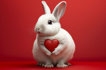 Obraz premium Cute white bunny on a red background, holding a heart. Generate Ai