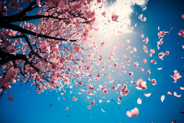 Spring sakura flower blooming on a blue sky background. Springtime cherry flowers background. Spring season background. Generative AI japan sakura tree blossom close up. Spring banner template.