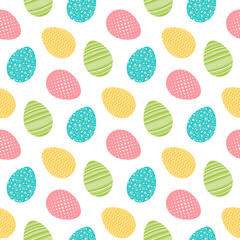 Vector colored Easter eggs pattern, seamless background for your Happy Easter greeting card. Cute decorated Easter eggs isolated on white for Spring holiday design. Vector ilustration in flat style.