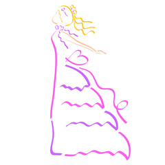 lovely young lady in a long lush pink dress, beautiful feelings, contour on a white background