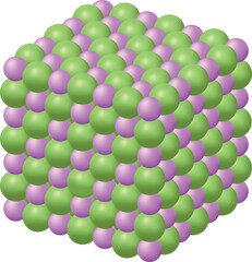 Structure of sodium chloride (NaCl) molecule in 3d. Ionic bond between molecule in cubic shape.
