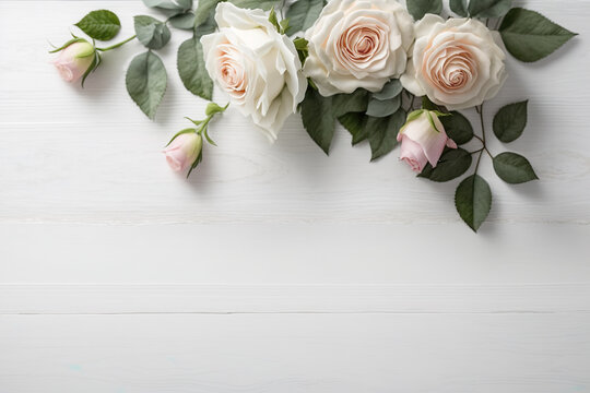 Bouquet of pink roses on white wood, background for holidays, image created with AI