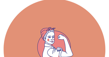 Illustration of woman flexing her muscles on pink and orange background
