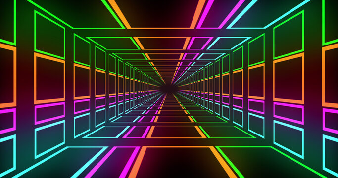Composition of multicoloured neon grid over black background