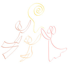 family has fun playing with the ball, like a ball of thread or the sun, happiness to be together, creatine colorful outline four continuous lines