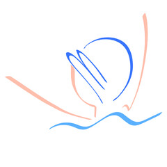 Obraz premium person in a bathing cap in the water calls for help or plays while swimming, abstract colorful sketch on a white background