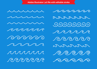 Decorative wave shape borders and wavy lines set. Linear water, sea or ocean symbol collection. Editable stroke.
