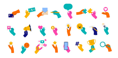 Collection of colorful Hands holding stuff. Money, jigsaw, social media icons, communication and feedback symbols. Different gestures. Vector illustrations