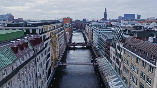 Drone  shot revealing Alsterfleet , Hamburg , Germany