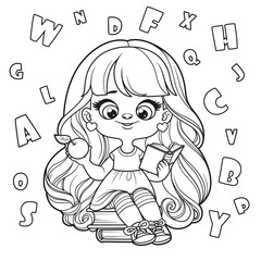 Cute cartoon longhaired girl sit on textbooks and read outlined for coloring page on a white background