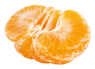 Ripe half of peeled mandarin or orange citrus fruit isolated on transparent background. Full depth of field.