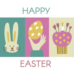 Happy Easter Time. Rabbit egg cake plants hands. Traditional icons. Egg hunt decoration. Group of traditional symbols folk style. Illustration for social media posts marketing greeting cards posters.
