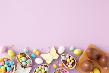 Fototapeta na wymiar Easter sweets concept. Top view photo of chocolate eggs in wooden holder dragees gingerbread and sprinkles on isolated pastel violet background with empty space. Holiday decor idea