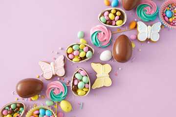 Fototapeta na wymiar Easter sweets concept. Top view photo of chocolate eggs paper baking molds with dragees meringue lollipops sprinkles and butterfly gingerbread on isolated lilac background. Holiday decor idea