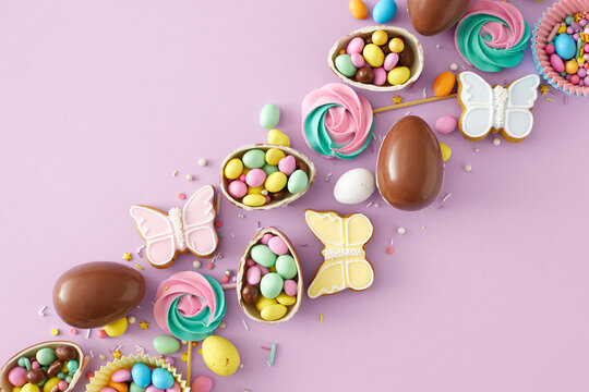 Easter sweets concept. Top view photo of chocolate eggs paper baking molds with dragees meringue lollipops sprinkles and butterfly gingerbread on isolated lilac background. Holiday decor idea