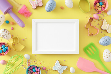 Easter cooking concept. Top view photo of white photo frame colorful eggs gingerbread rolling pin brush whisk silicone spatula baking molds сolorful candies and sprinkles on pastel yellow background