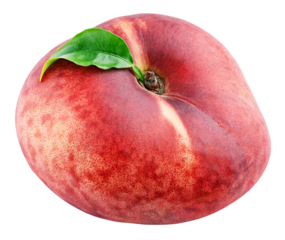 Chinese flat donut peach with leaf isolated on transparent background. Full depth of field.