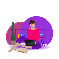 A woman works at a computer at home. Vector illustration.