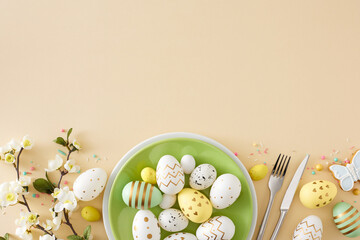 Easter decor concept. Top view composition of green plate with colorful eggs cutlery fork knife cookies sprinkles and spring blossom branch on pastel beige background with copyspace