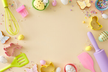 Easter cooking concept. Flat lay photo of easter colorful eggs butterfly cookie rolling pin brush whisk silicone spatula baking molds and sprinkles on isolated beige background with empty space