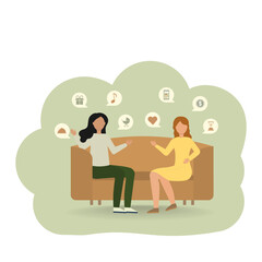 Two women are talking sitting on the couch. Vector illustration.