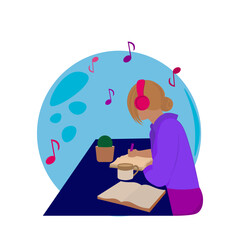 A girl in headphones listens to music and reads a book. Vector illustration.