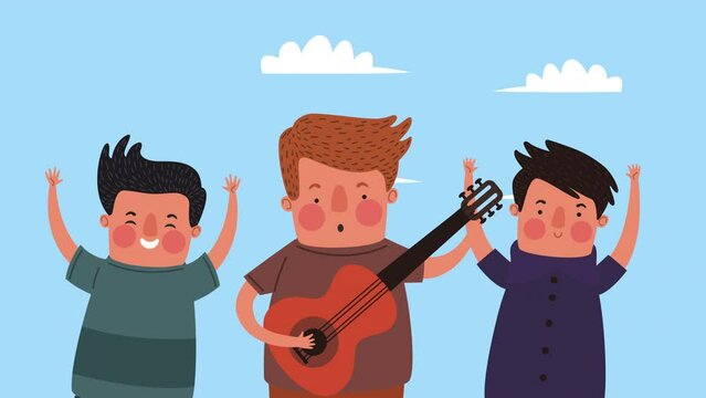 young men friends playing guitar animation