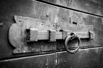 An old bold on a wood door in black and white - 581599518