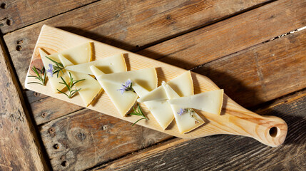Top view of slices of artisanal goat cheese on serving board garnished with blooming rosemary...