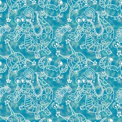 Cartoon doodle summer tropical animals seamless crocodile animals crabs and frogs animals caterpillars pattern