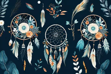 Fotobehang Boho seamless watercolor ethnic boho floral pattern dreamcatcher background Generative AI