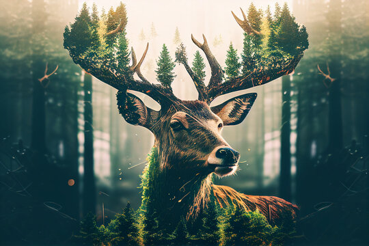 deer and green forest double exposure. Generative AI