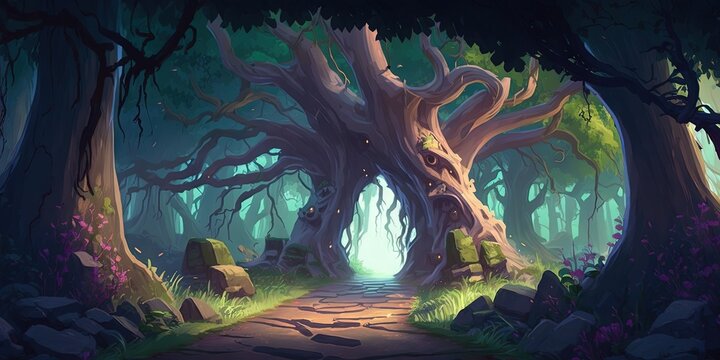 A digital painting of a enchanted forest with big trees and lush vegetation, a fairytale setting, Generative AI