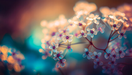 macro photography of flowers in a clearing at dawn, flowers with dew and beautiful bokeh, soft focus, blurred background, space for text, generative ai