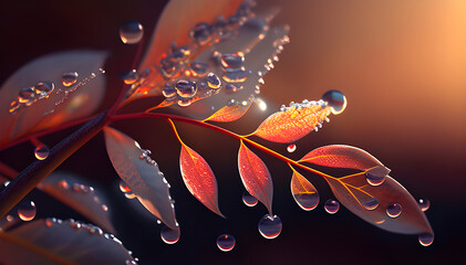 rose leaves with dew drops, beautiful bokeh, soft focus, blurred background, generative ai