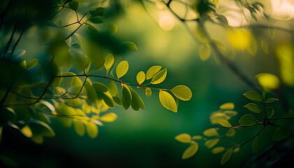 minimalistic landscape, macro photography of a green twig, soft focus, blurred background, space for text, generative ai