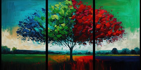 Colorful oil painting on canvas - semi-abstract tree, field, meadow image Modern art with green, red, and blue, Generative AI