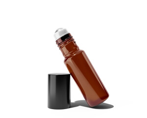 Clear Brown Roll On Glass Bottle isolated on transparent background, prepared for mockup, 3D render.