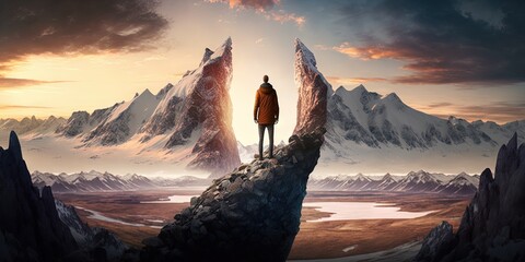 A hiker stands atop a peak with a rocky mountain backdrop in Yukon, Canada Adventure composite photo features foreground rocks and a sunset sky, Generative AI