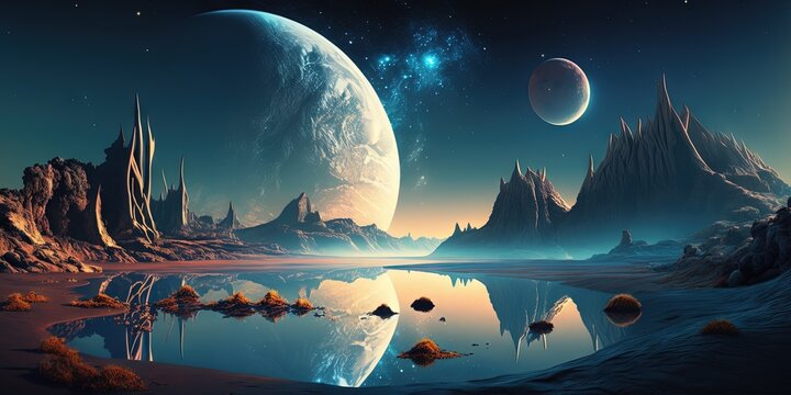 Illustration of a fantasy alien planet with a wallpaper landscape and copy space, Generative AI