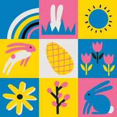 Easter square set of hand drawn elements. Hand drawn abstract flowers, birds, easter bunnies, sun, egg, willow. Graphic, minimal hand drawn illustration.