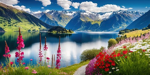 Describe a picturesque summer view in Zell am See, Pinzgau, Salzburg in 15 words or less, Generative AI - obrazy, fototapety, plakaty