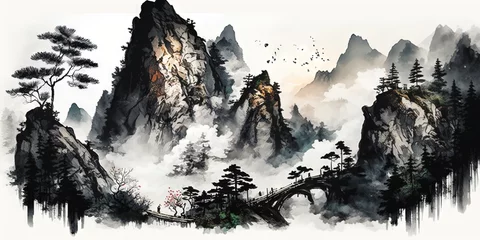 Foto auf Acrylglas Grau 2 Ink landscape painting in Chinese style and watercolor landscape painting of gentle mountains, Generative AI