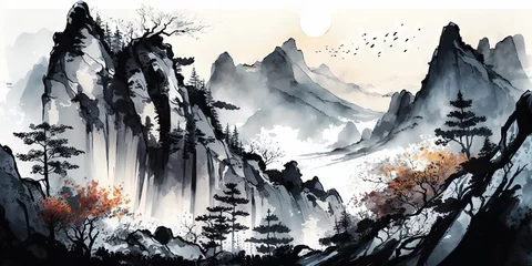 Wall murals Black A watercolor landscape of serene mountains, inspired by the Chinese style of classical traditional ink painting, Generative AI