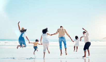 Grandparents, parents and child jump at beach for bonding, quality time and adventure together....