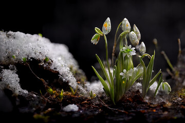 New life emerging from the snow in spring time. Plant growth in nature as winter ends.